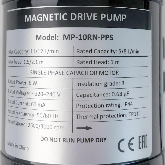 Насос с магнитным приводом MP-10RN корпус из ПФС (штуцер 14 мм.)